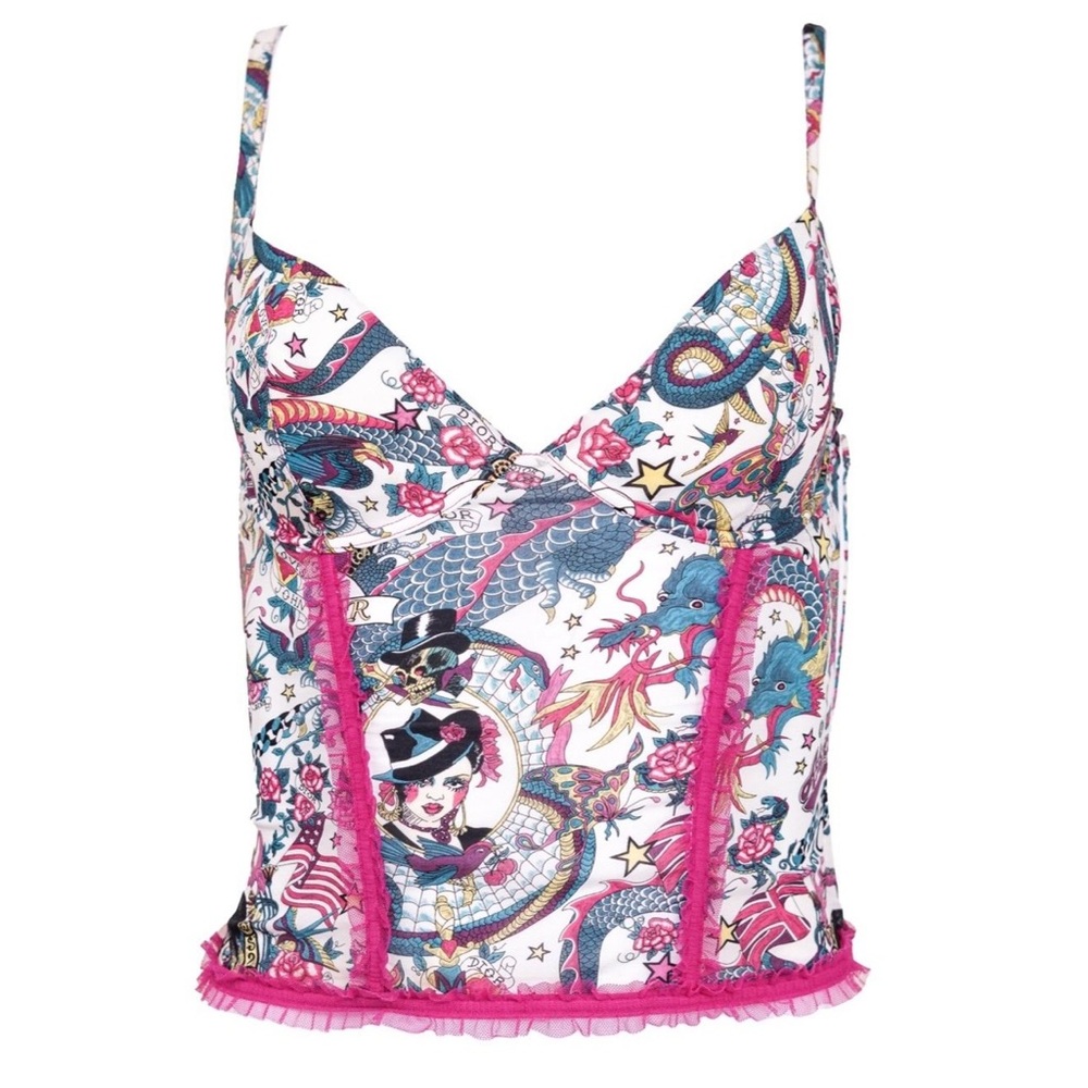 Christian Dior Tattoo Print Ruffle Bustier Top